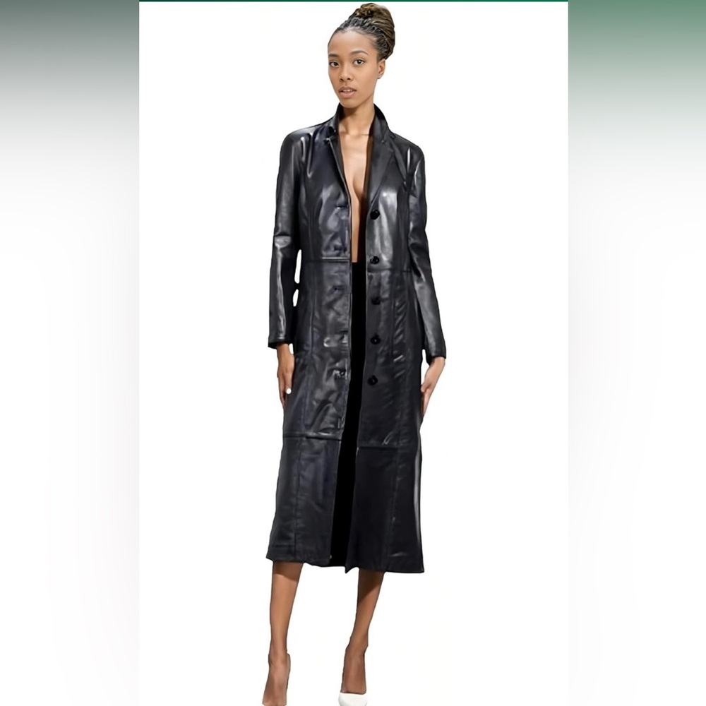 Women’s Long Coat | Real Lambskin Leather, Black Classic Style, Trench Overcoat